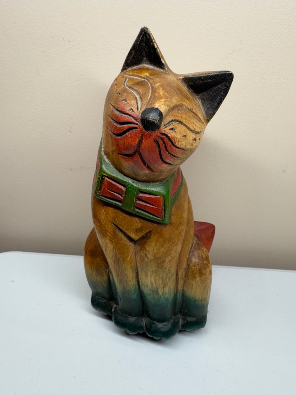 VTG Wooden Cat Statue Figurine Hand Carved Painted Folk Art 9.5”